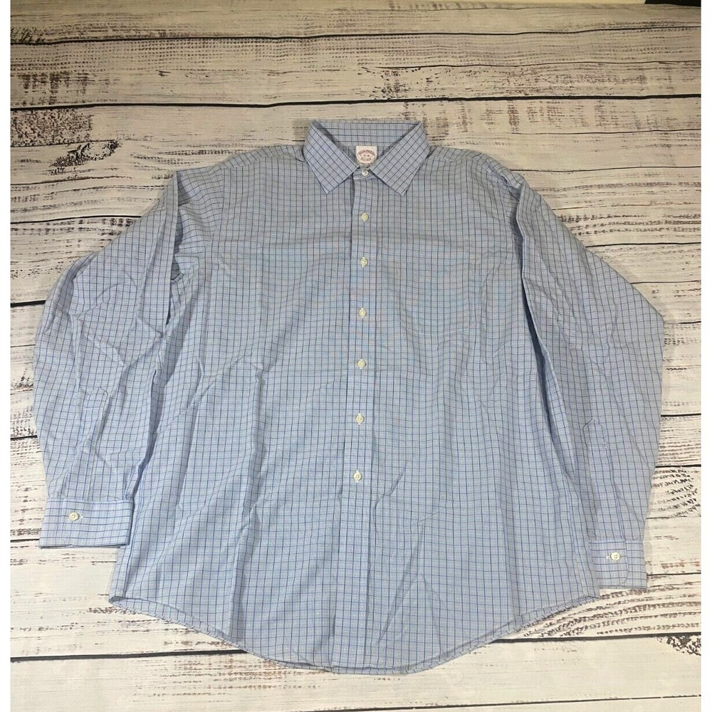 Brooks Brothers Dress‎ Shirt Men's 16 Blue Check Cotton Non-Iron Traditional Fit